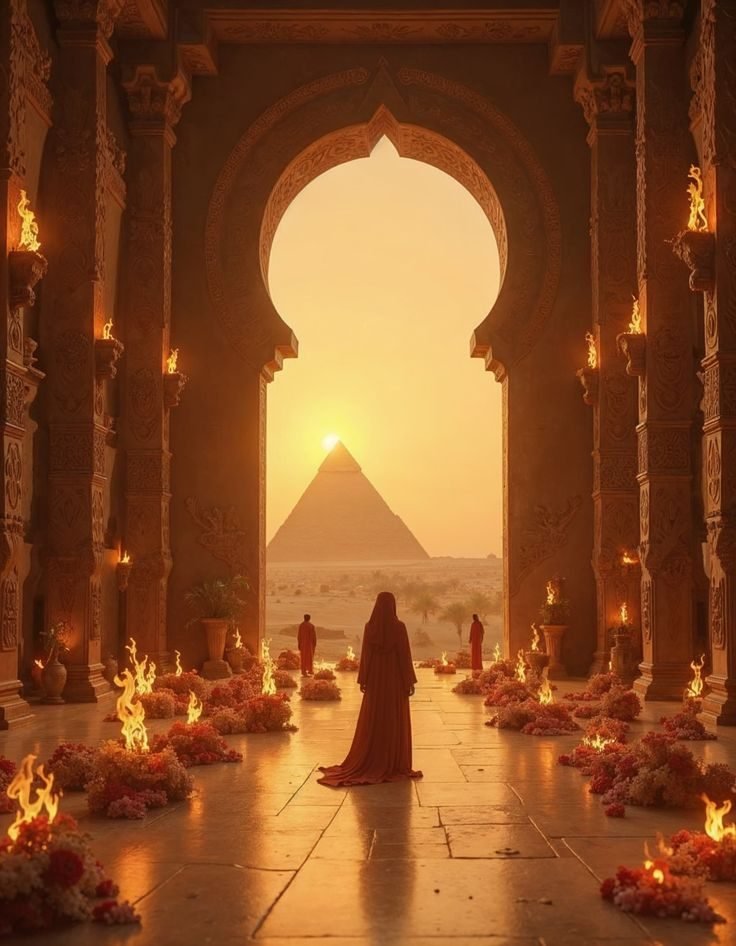 A sacred temple gateway opening toward the pyramids of Egypt