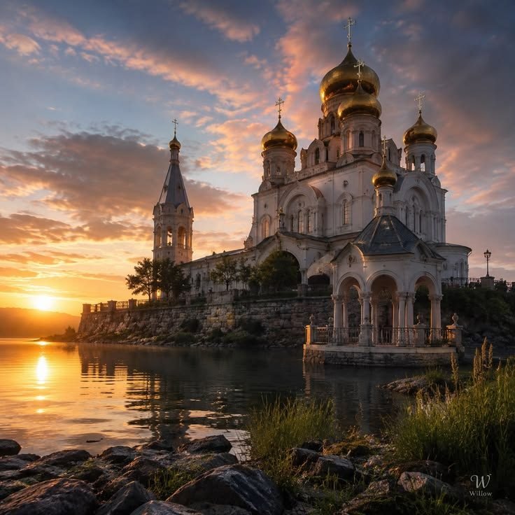 A temple silhouetted against a golden sunset sky
